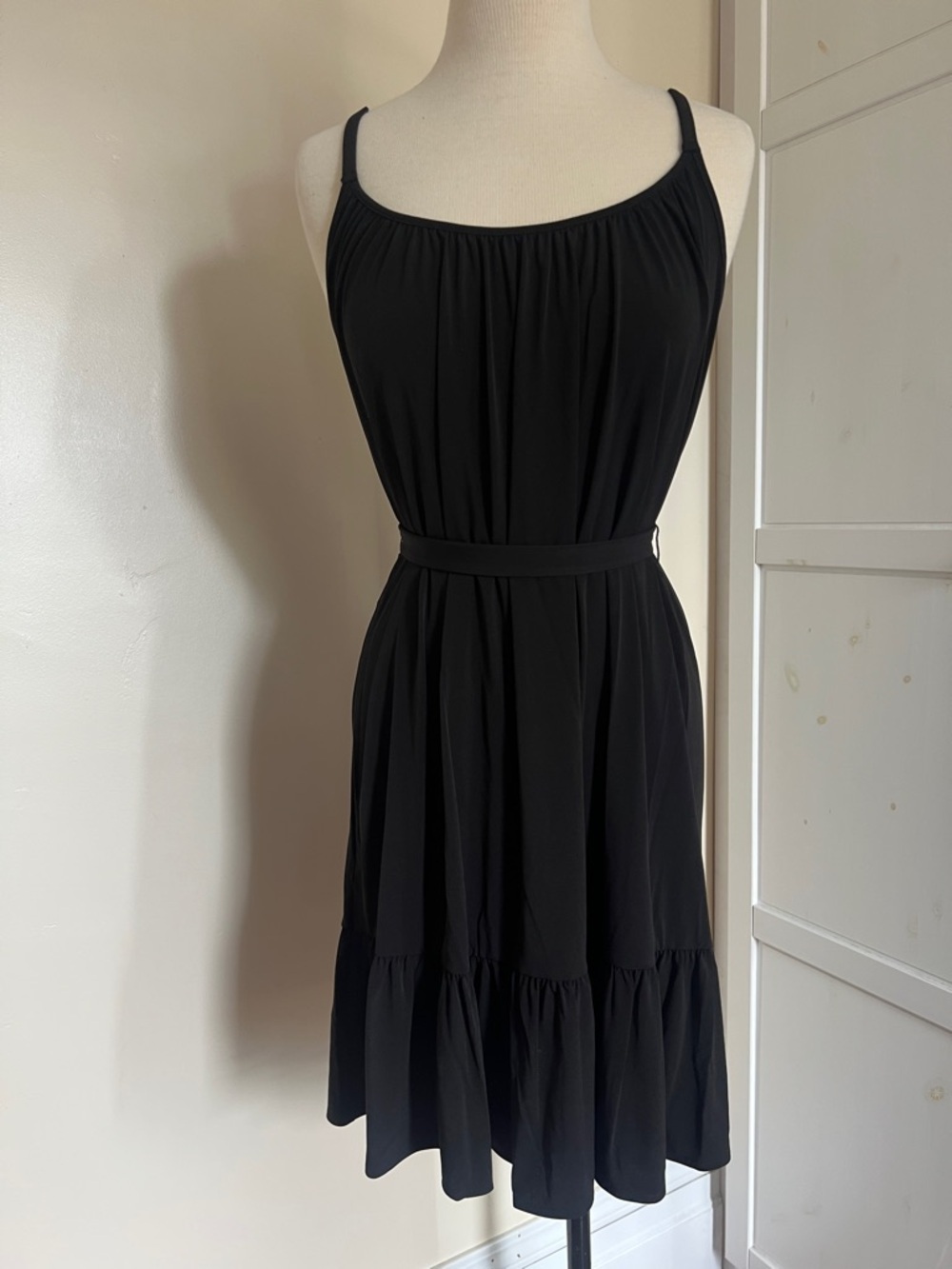 NWT Michael Kors Black Scoop Neck Ruffle Tiered Midi Dress Size Small MSRP $110